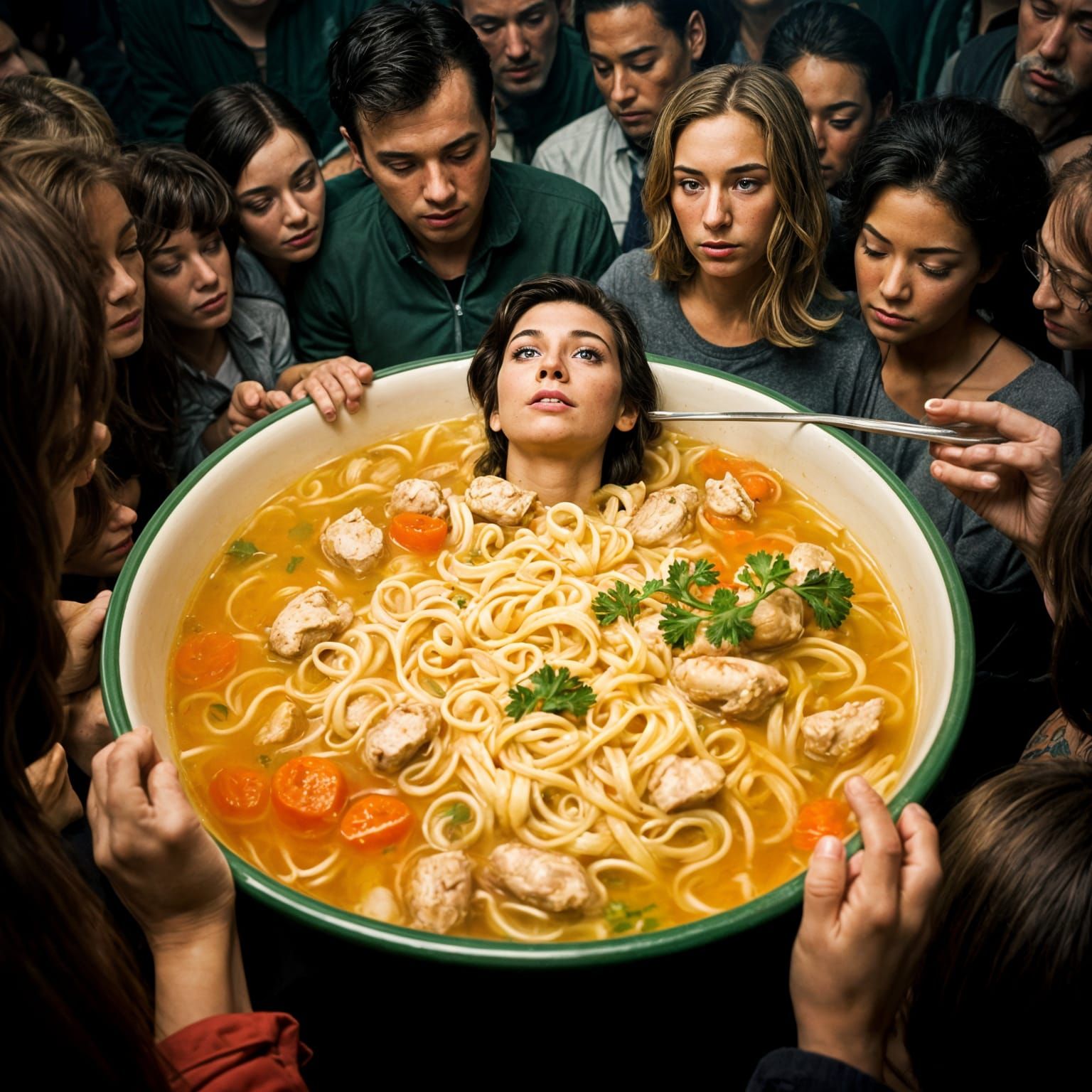 Woman Submerged in Chicken Noodle Soup Art
