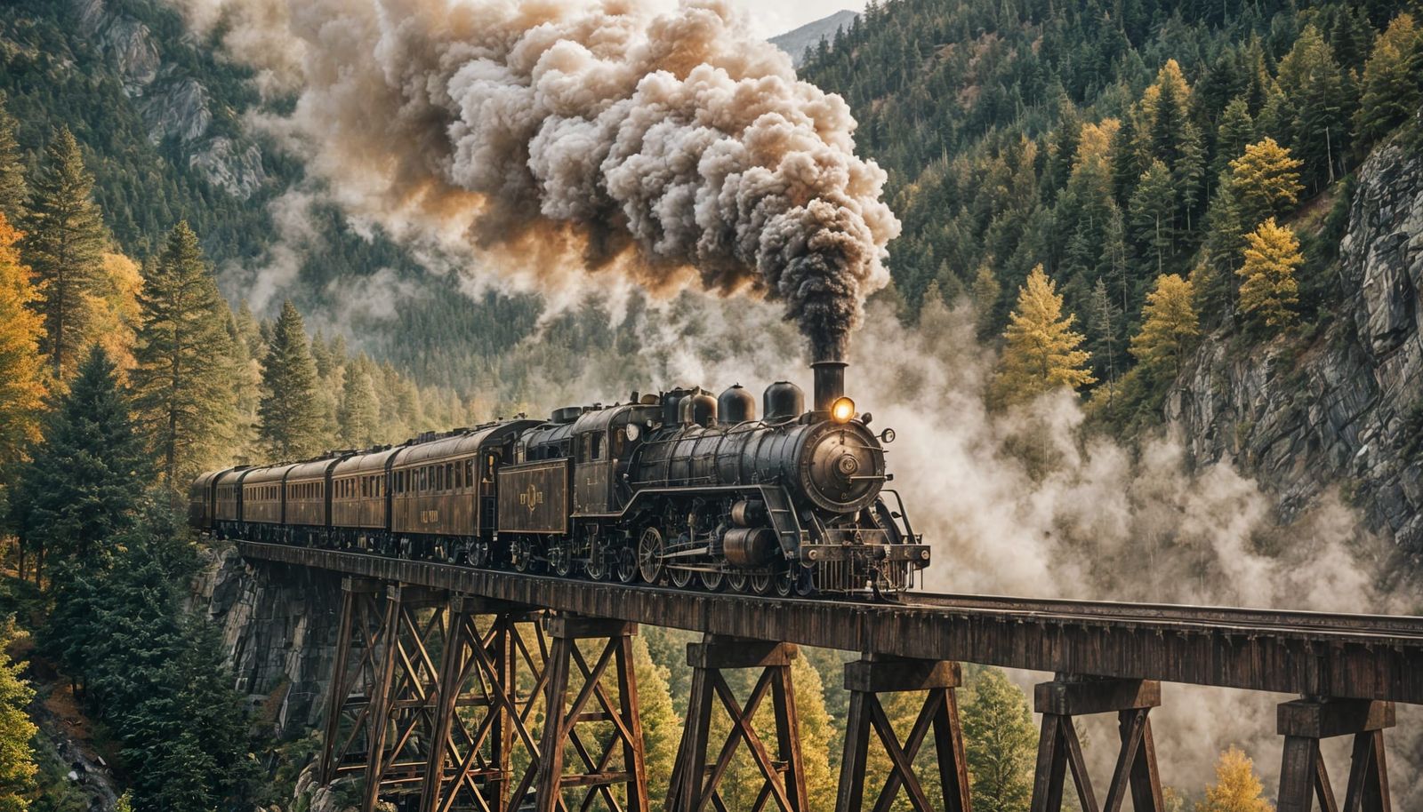 Old Steam Train on Misty Mountain Bridge