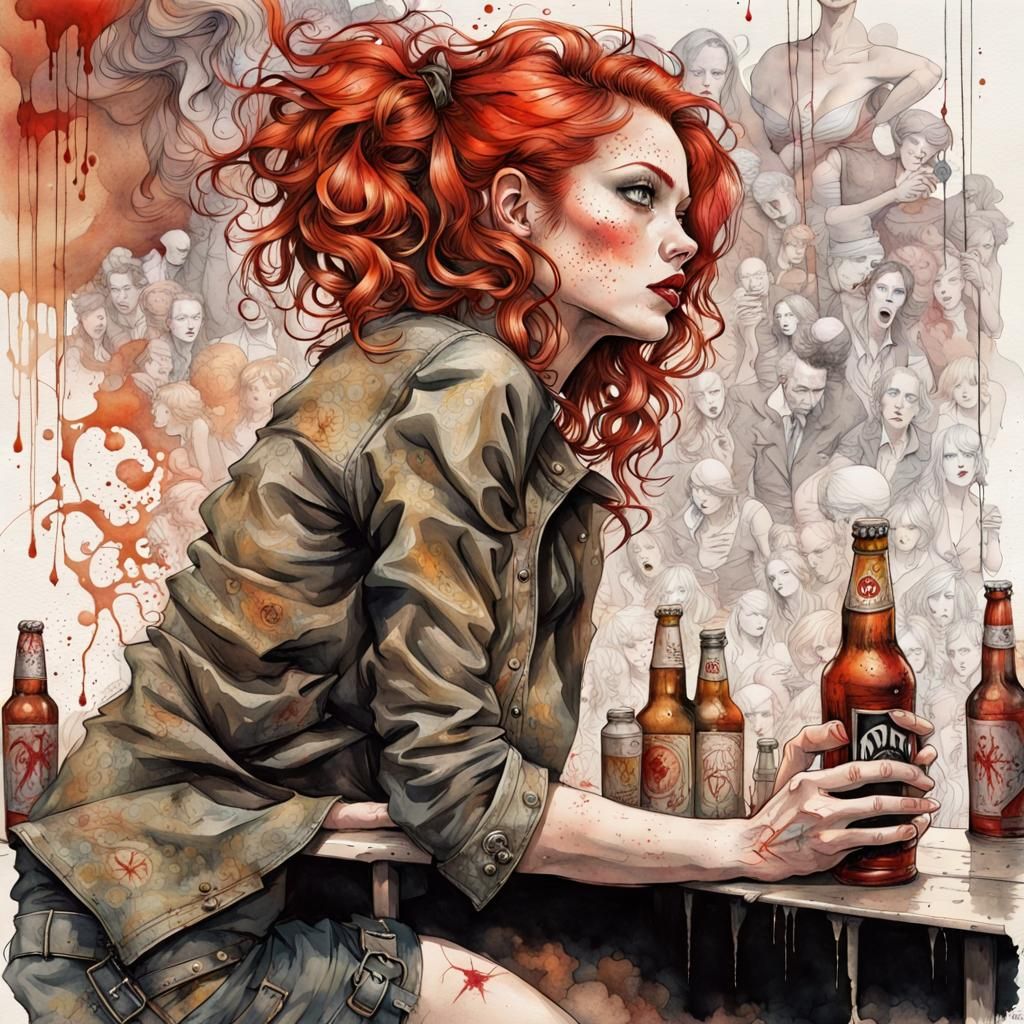 Angry Pin-Up Girl with Beer in Watercolor Style