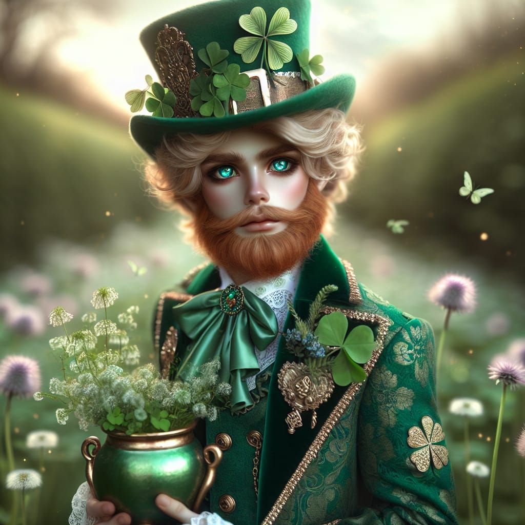 A Leprechaun dressed in an elegant green Victorian-style out...