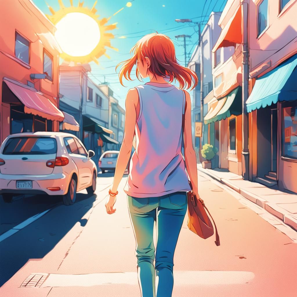 Glowing Anime Portrait of Happy Woman Walking Away from the....
