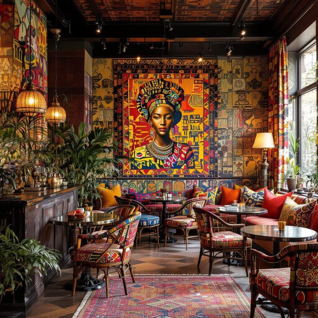 Elegant African Cafe with Vibrant Cultural Imagery