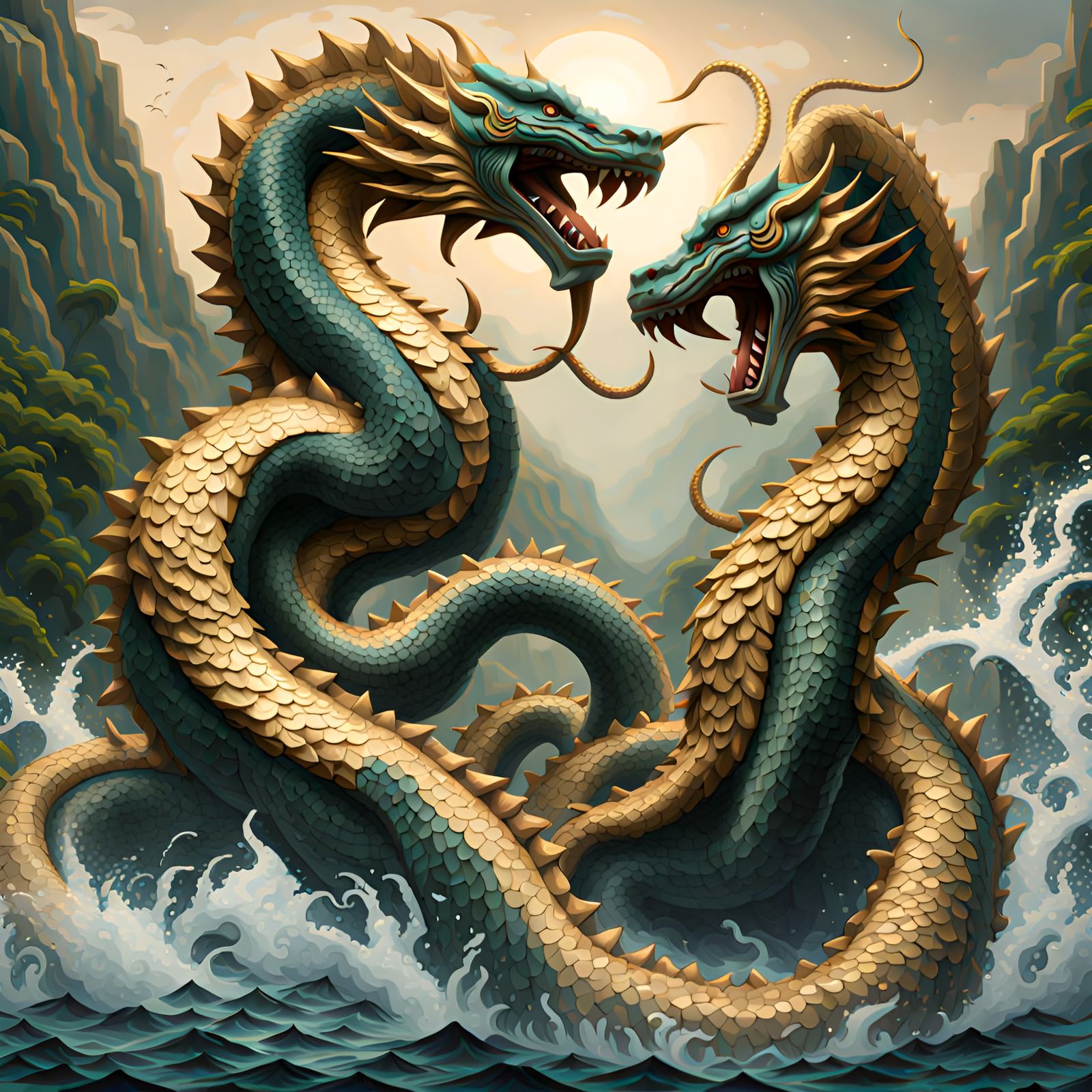 Two mighty nagas are fighting in the Waters  hyperdetailed intricately detailed trending on Artstation volumetric lighti...