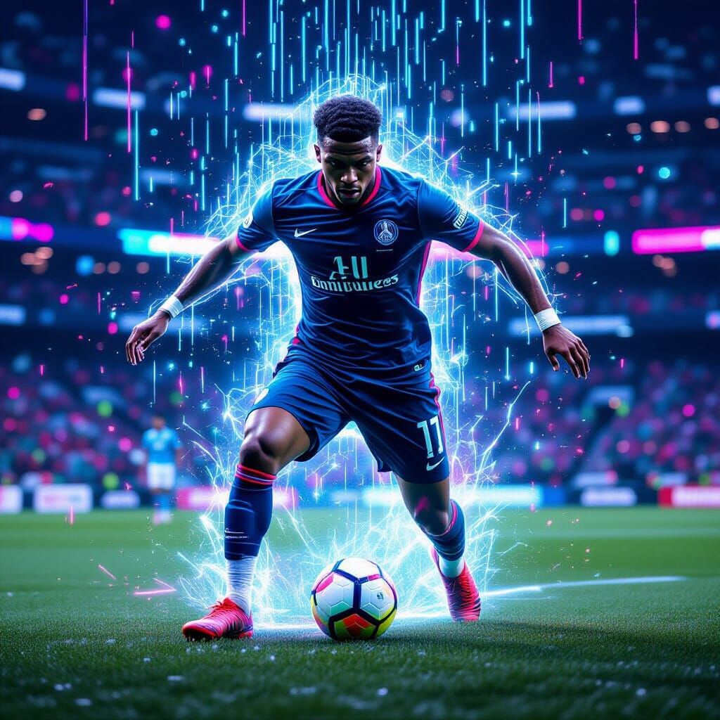 Soccer Star Transforms into Digital Entity in Neon Cyberspac...