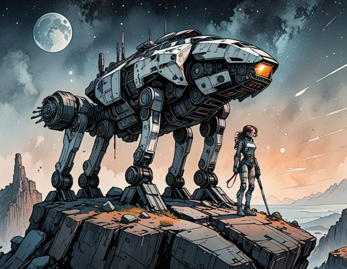 Cyborg Girls Stand on Cliffside, Gazing at Crashed Spaceship...