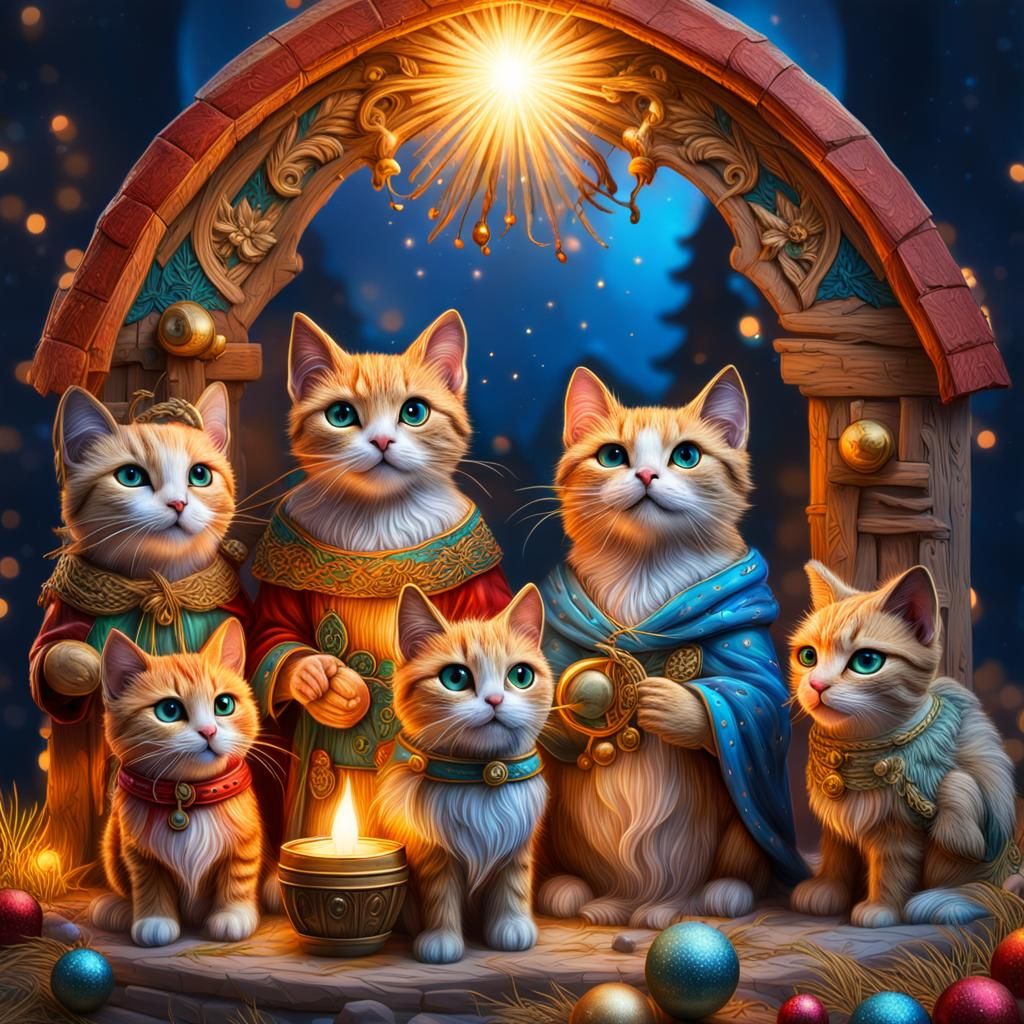 Anthropomorphic Cats Celebrate Christmas Nativity in Vivid D...