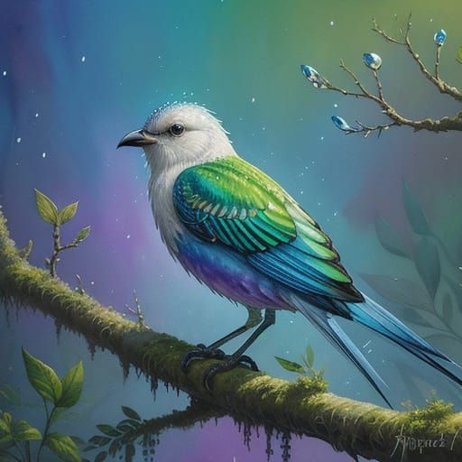 Mysterious Bird with Luminescent Feathers on Branch