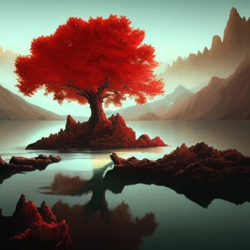 Ethereal Red Tree in Lake: Dark Fantasy Watercolor