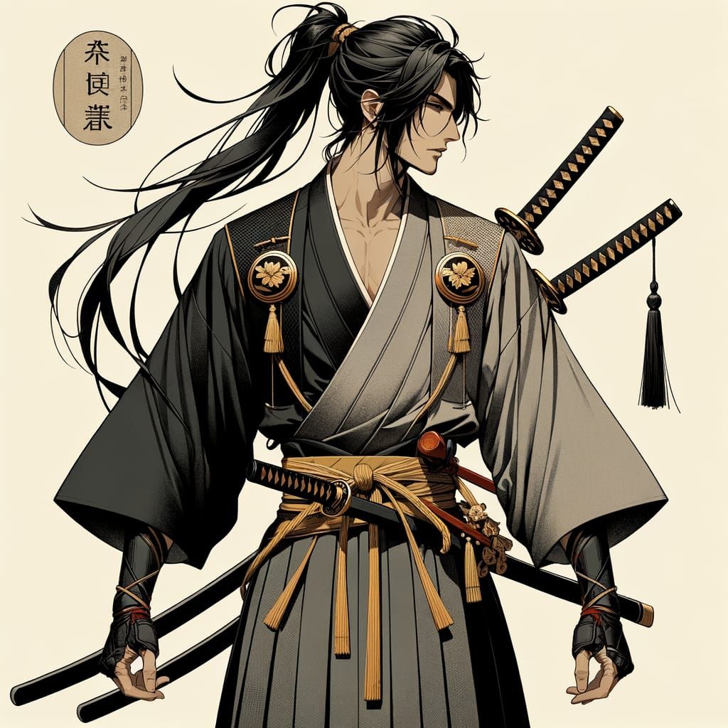 Modern Samurai Warrior with Katana and Cherry Blossom Emblem