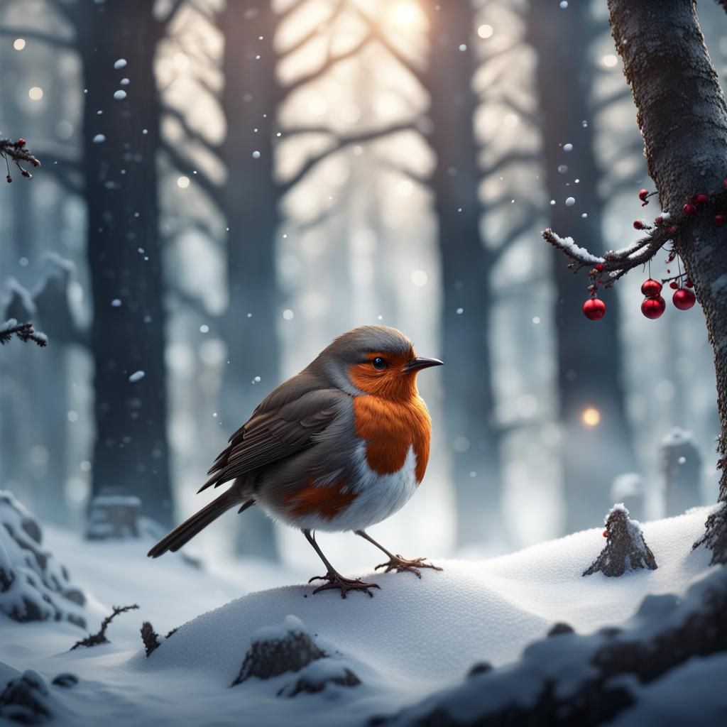 Christmas Robin in Winter Forest: Matte Painting