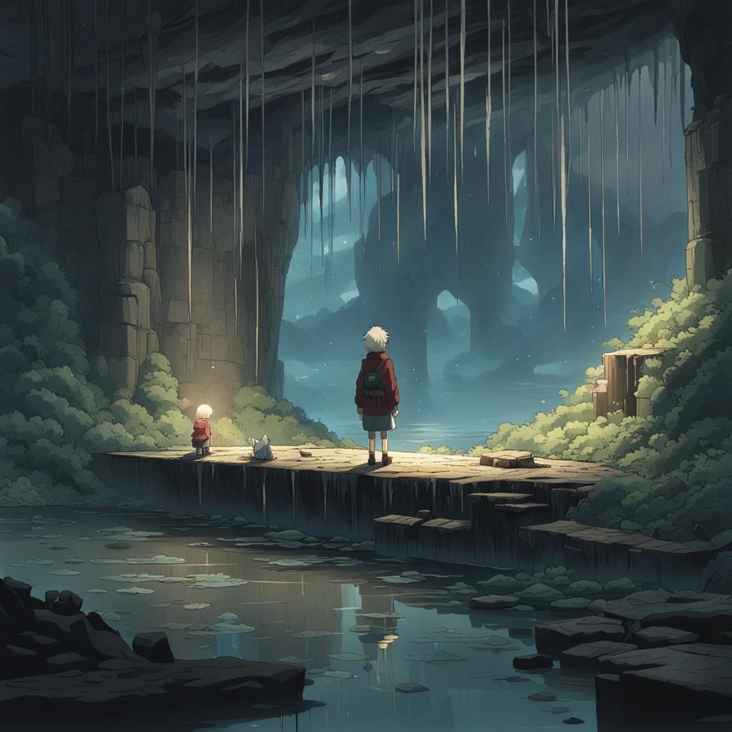 Gloomy Underground Ruins with Crying Elf: Studio Ghibli Styl...