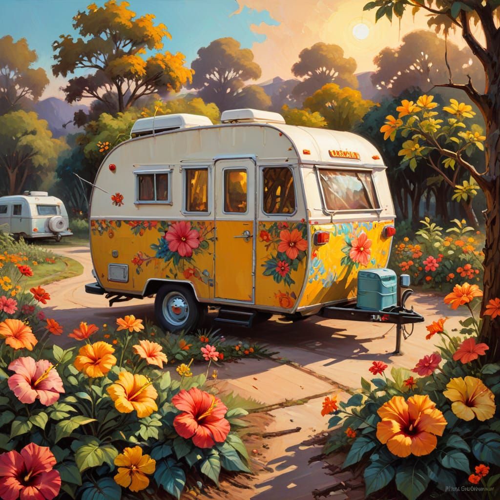 Retro Camper in Impressionist Oil Painting