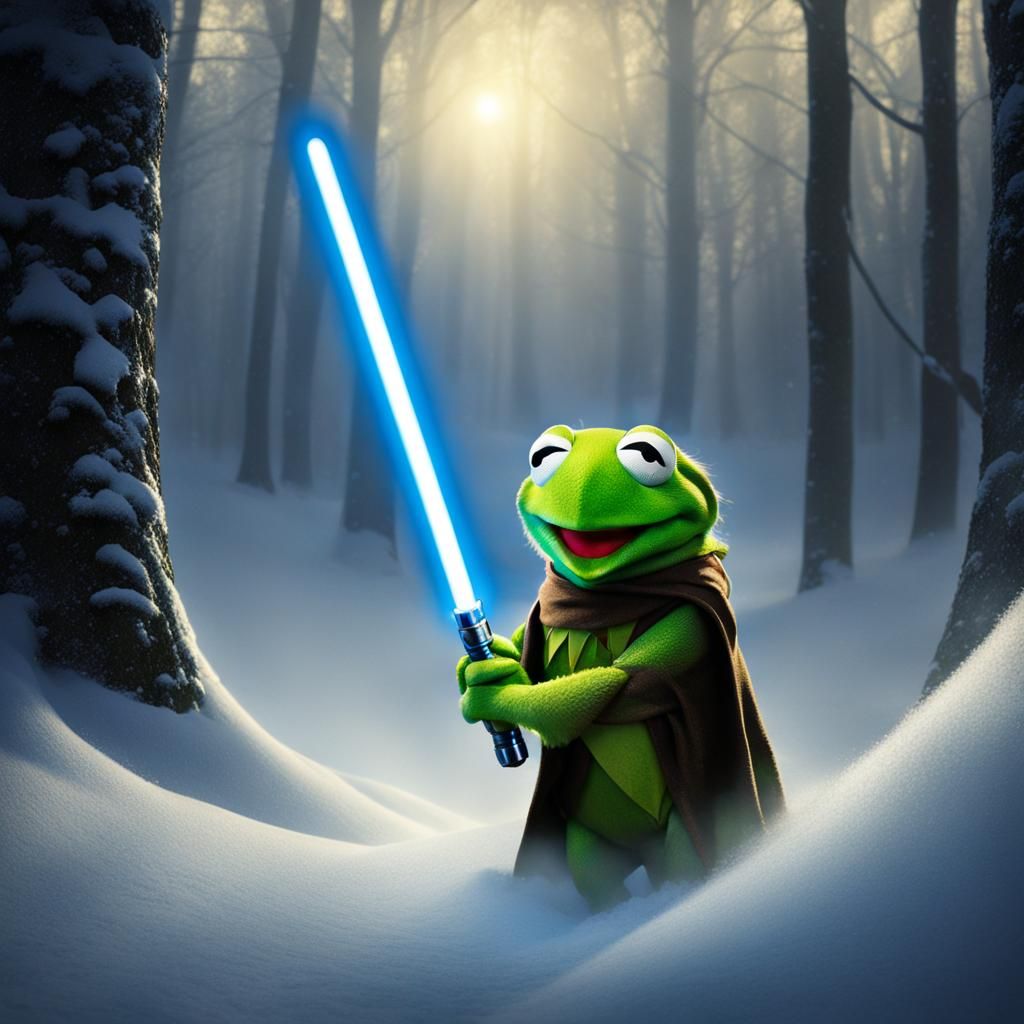 Kermit Holding a Blue Lightsaber in Snowy Woods