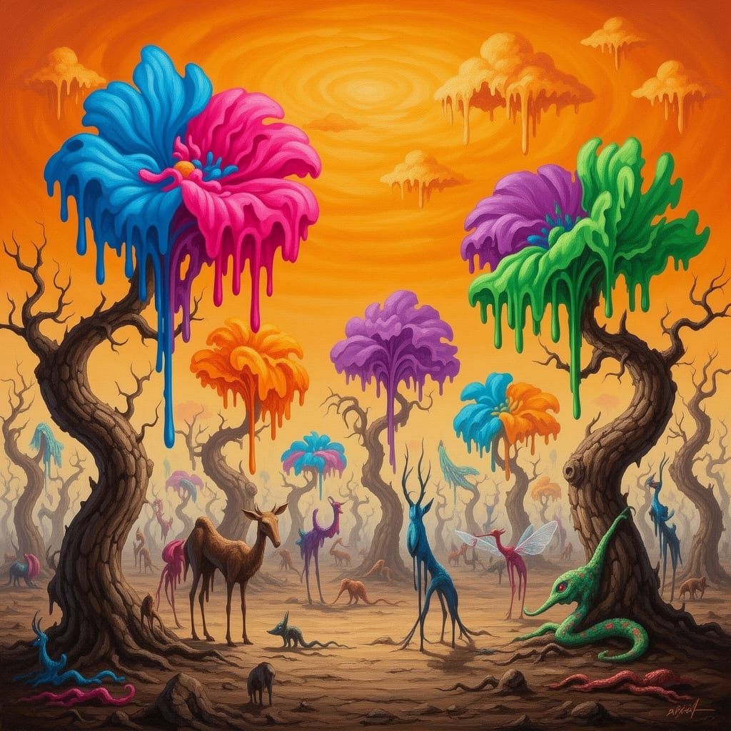 Surreal Landscape Under Marmalade Skies with Dreamlike Flowe...