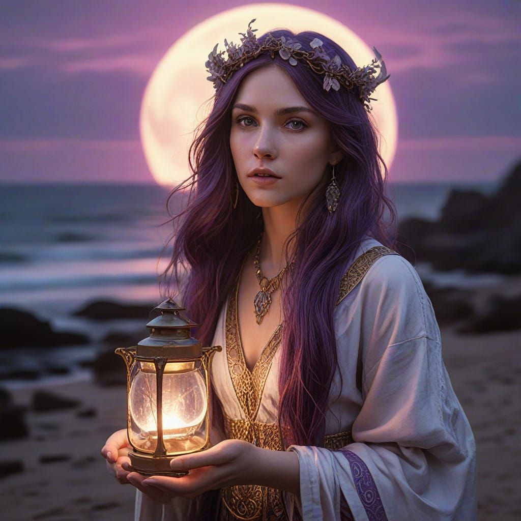 Celtic Sorceress in Violet Hair, Cradling the Moon in Prayer