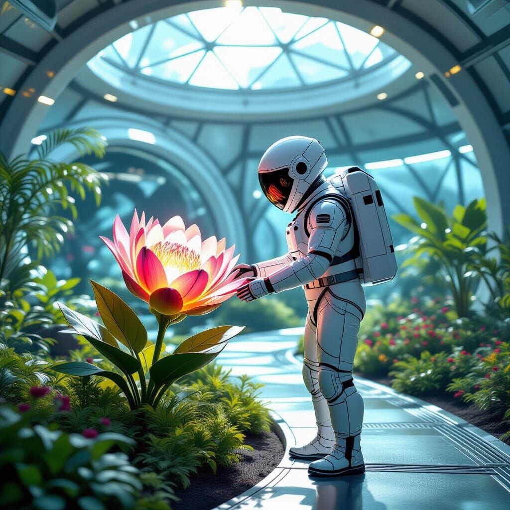Futuristic Mars Botanical Garden with Bioluminescent Flora