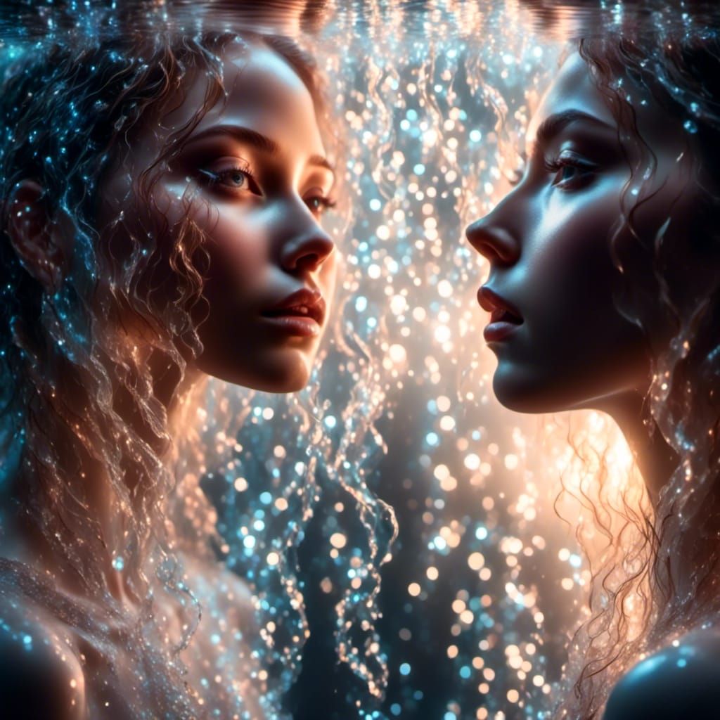 An image of a girl looking at her own reflection through a w...