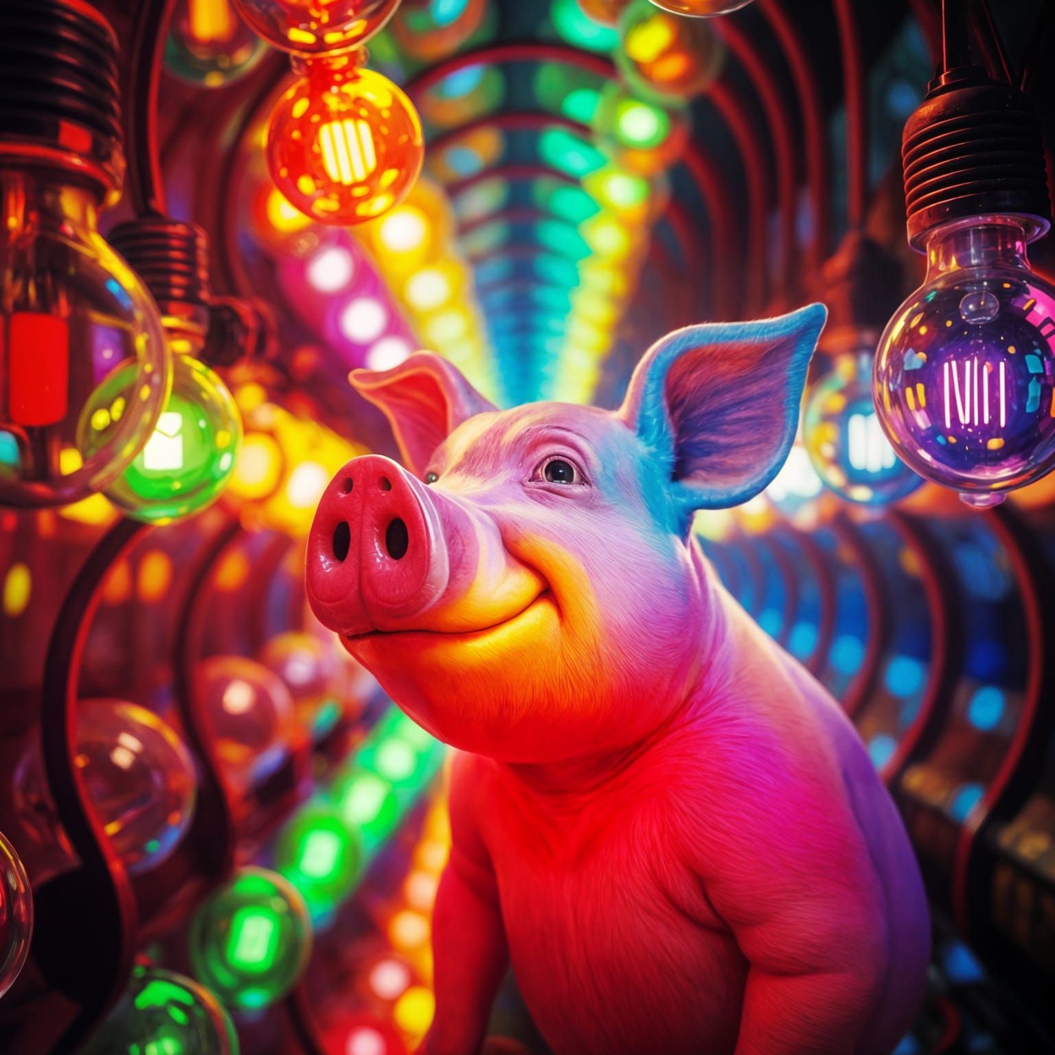 Surreal Pig-Man Illuminates Maze of Vibrant Lightbulbs