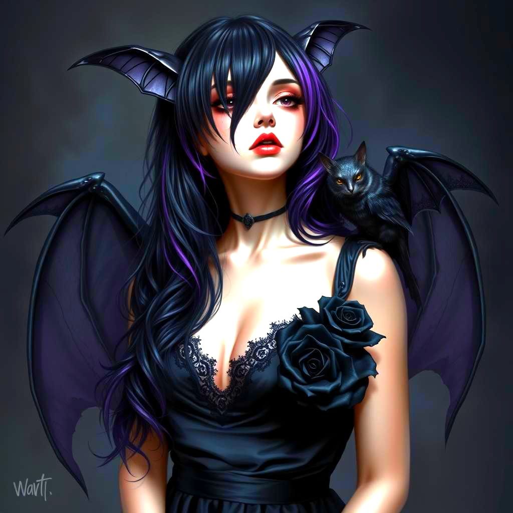 Gothic Bat-Winged Girl with Rose, Hyperrealism