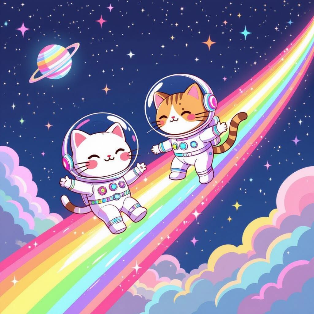 Rainbow Cats Fly Through Galaxy in Pastel Colors