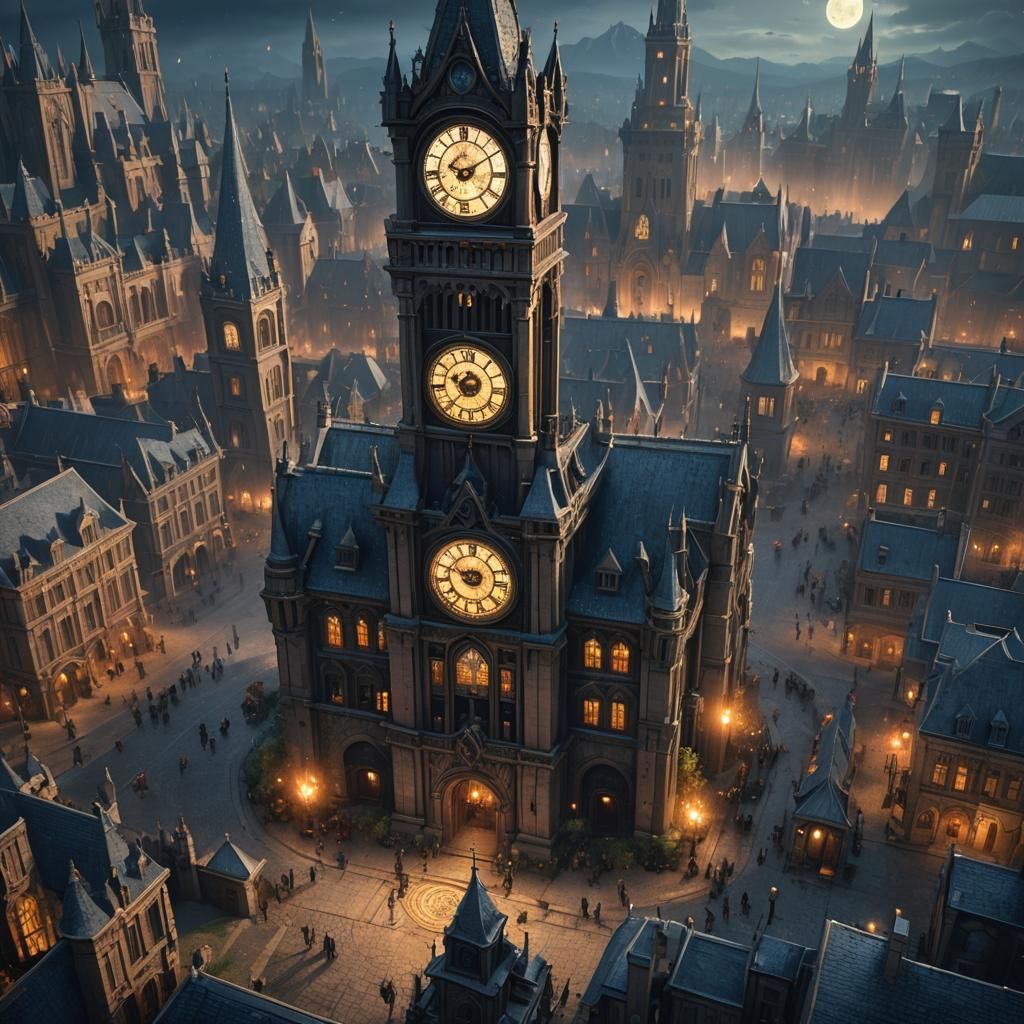 Souls Gather at Midnight Clock Tower in Fantasy Art