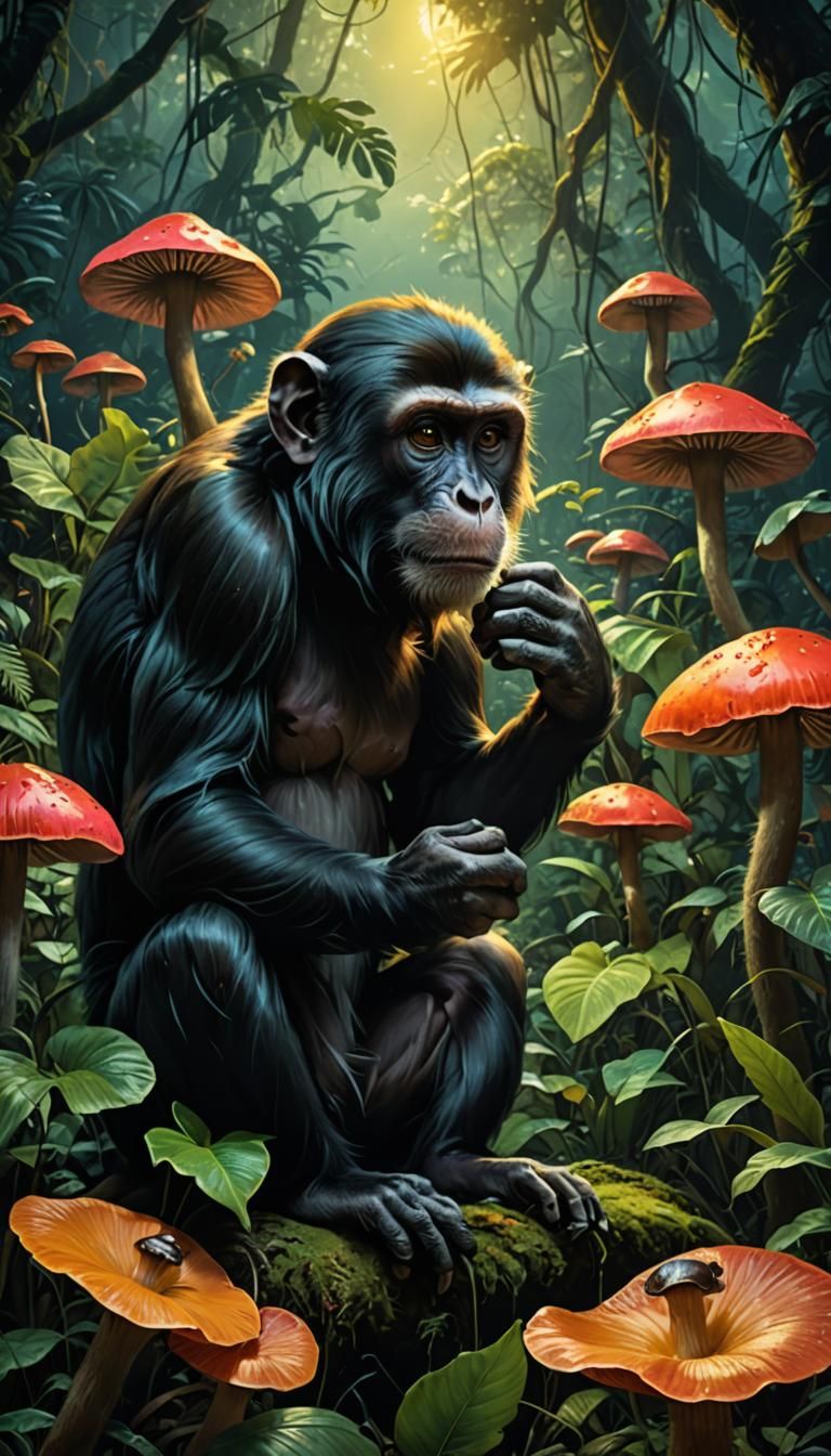 Monkey in Neon Jungle with Nuclear Explosion