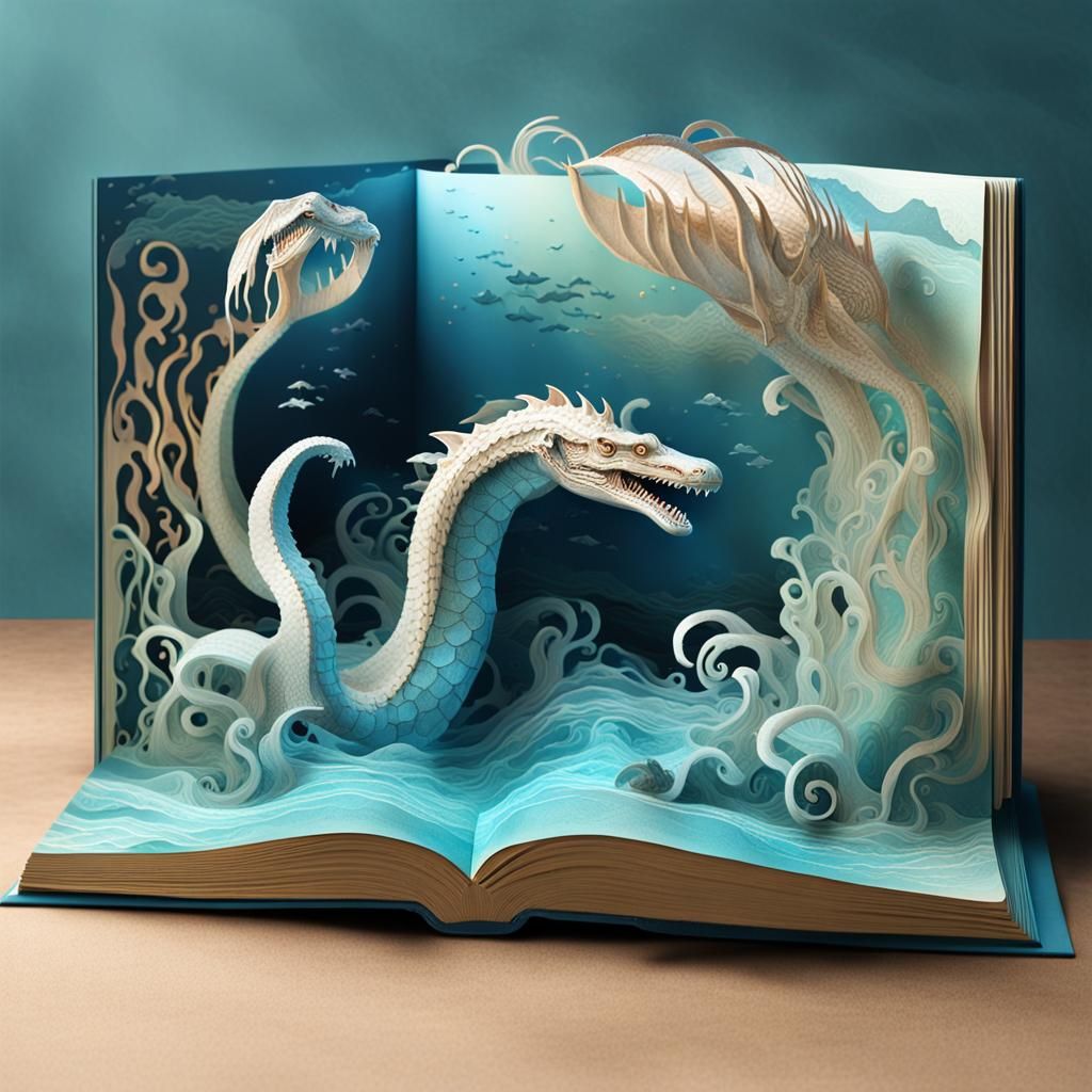 Surreal Sea Serpent Breaching in Pop-Up Book