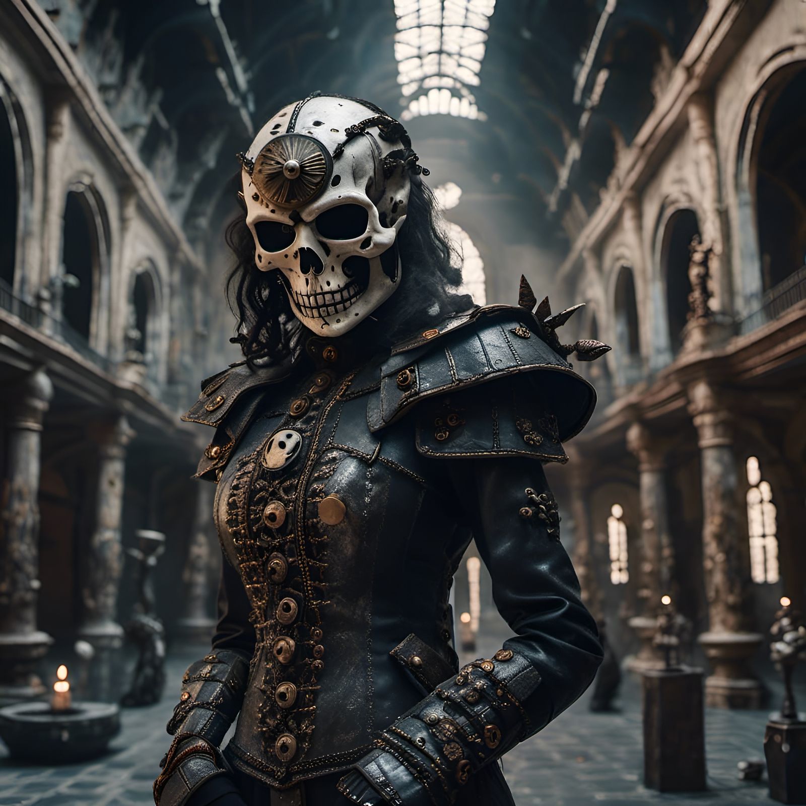 Fierce Mercenary in Dystopian Courtyard, Photorealistic