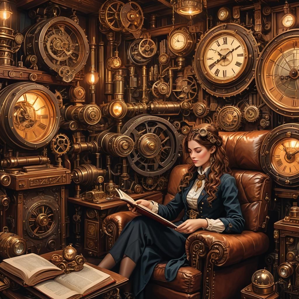 Steampunk Woman Reading Surrounded by Clockwork Wonders