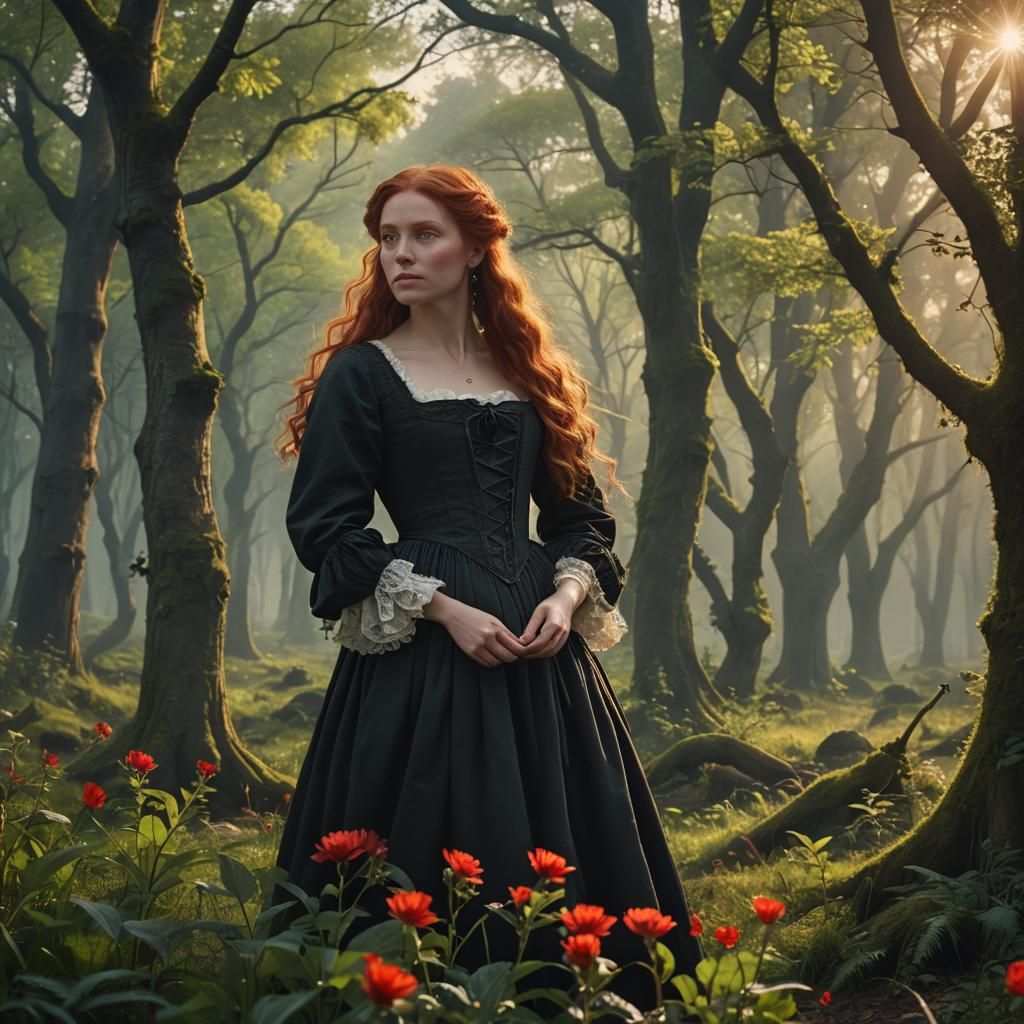 Spring Forest Sunrise with Woman Collecting Plants