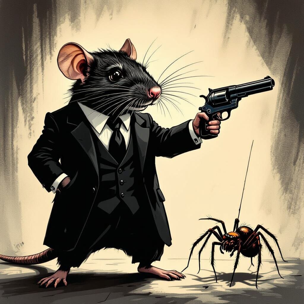 Noir Rat Confronts Spider with Vintage Pistol