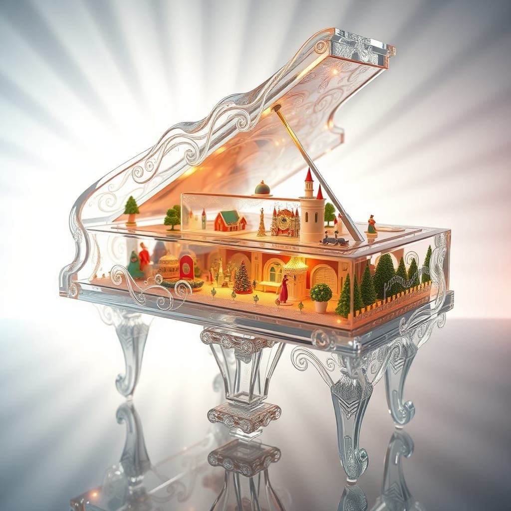 Majestic Glass Piano Filled with Miniature Worlds