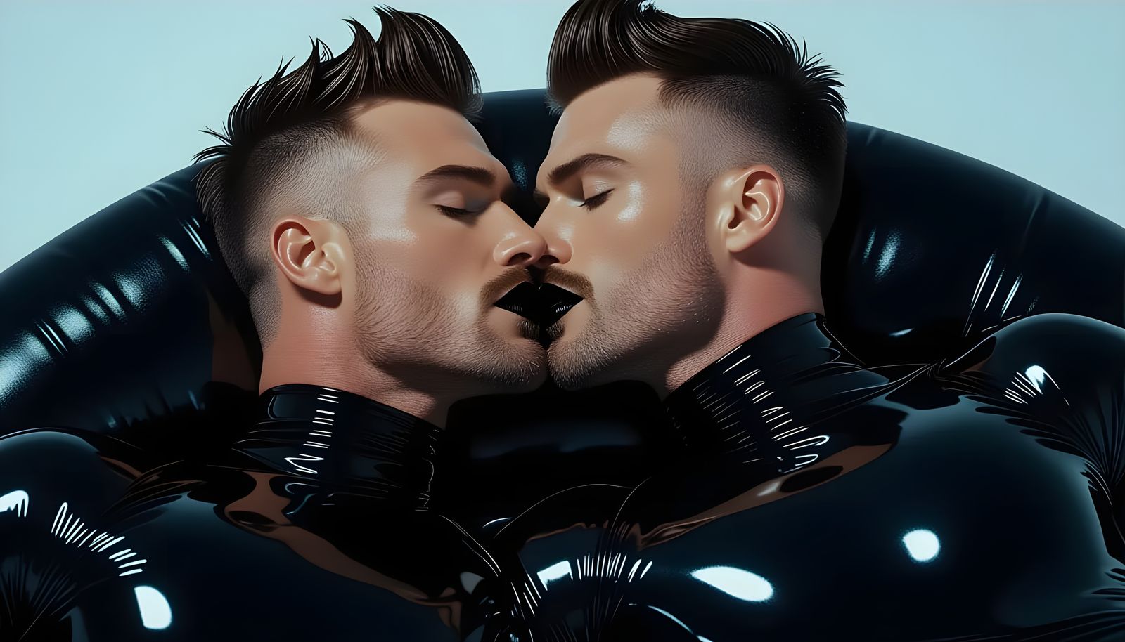 Passionate Kiss: Two Men in Latex, Hyperrealistic Detail