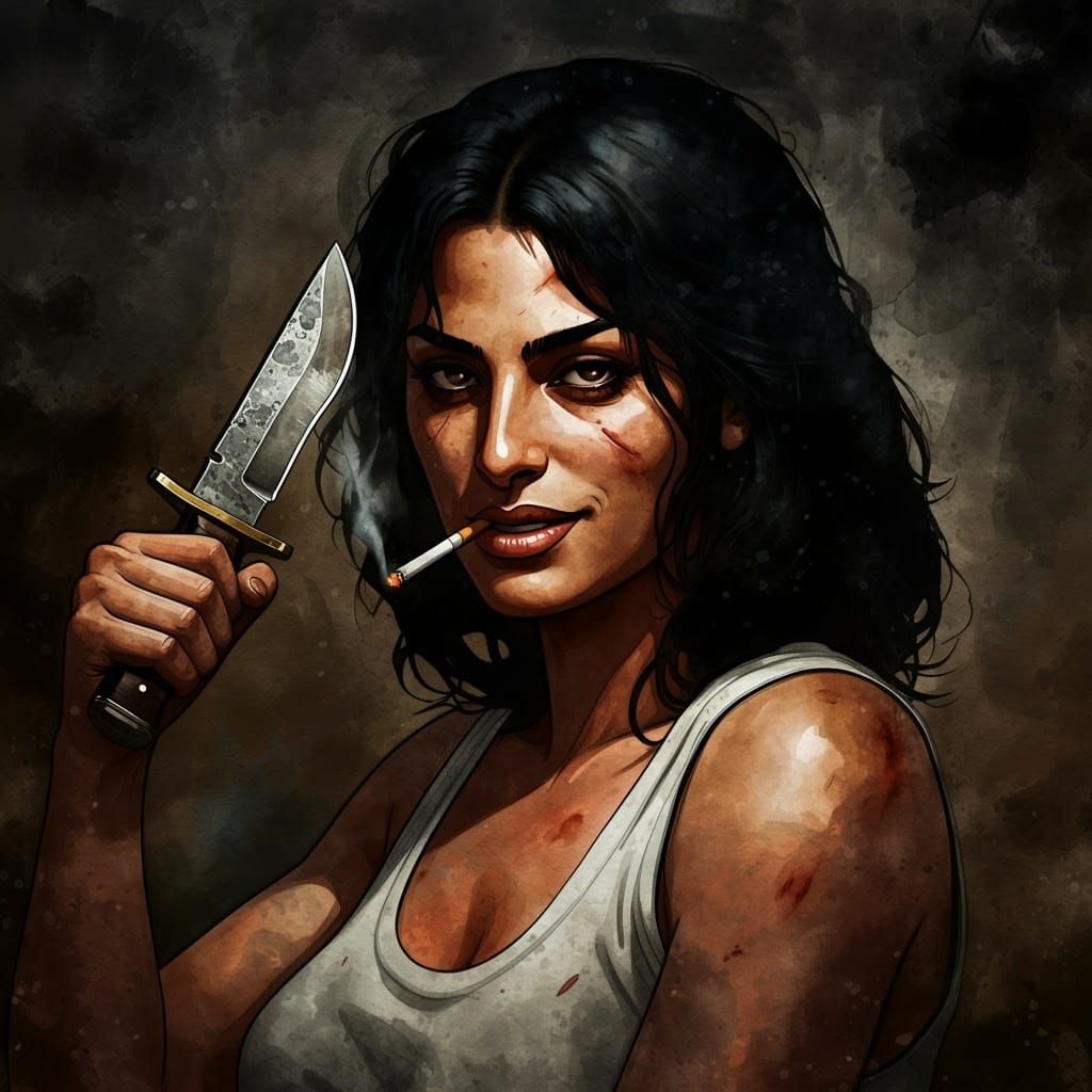 Defiant Beauty with a Hunting Knife in Dark Fantasy Style