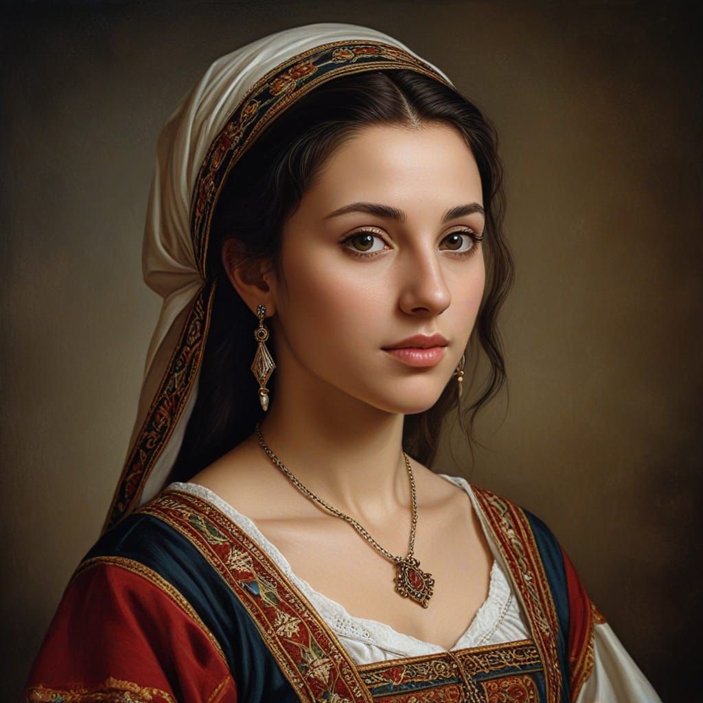 Albanian Woman Portrait in Da Vinci Oil Painting Style