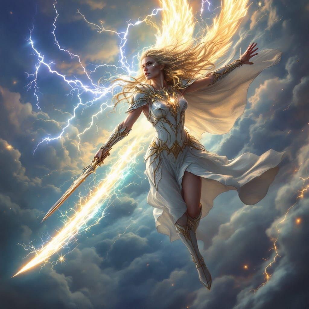 Freya's Aerial Duel: A Warrior Goddess Painting
