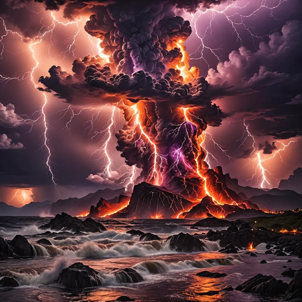 Lava Streams and Lightning Storm Under Dramatic Skies