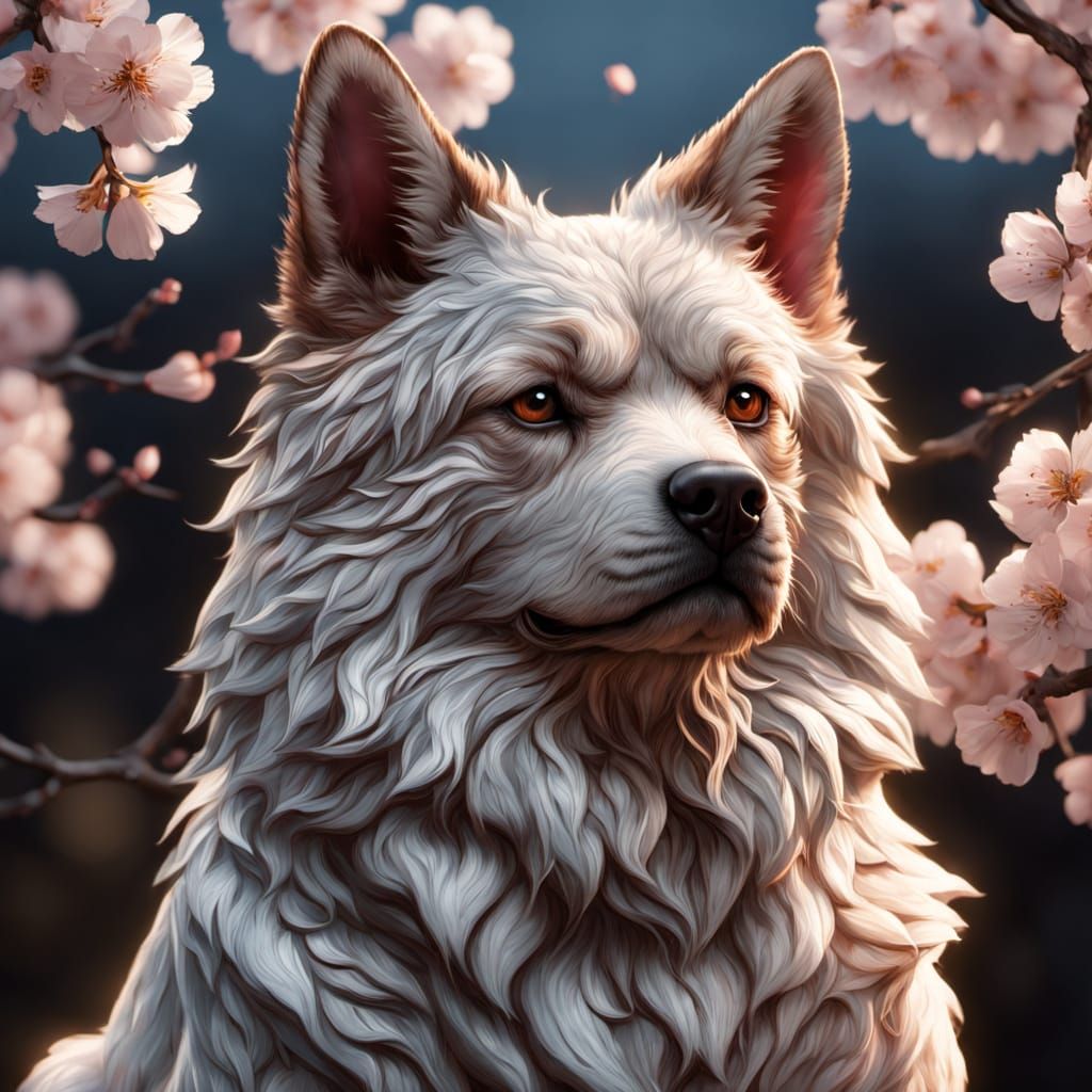 Vibrant Cherry Blossom Fudog Portrait in Hyperrealistic Styl...