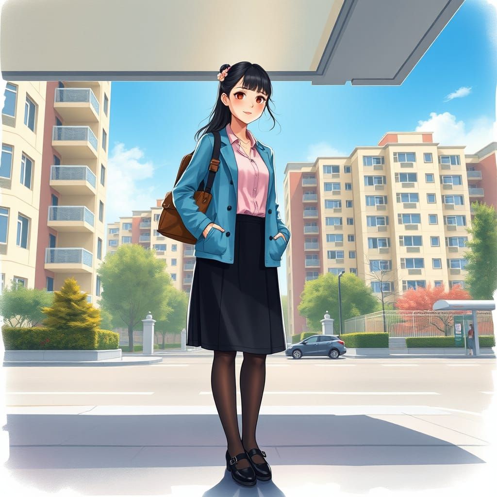 Kawaii Female Spy Waiting at Bus Stop Under Morning Sun