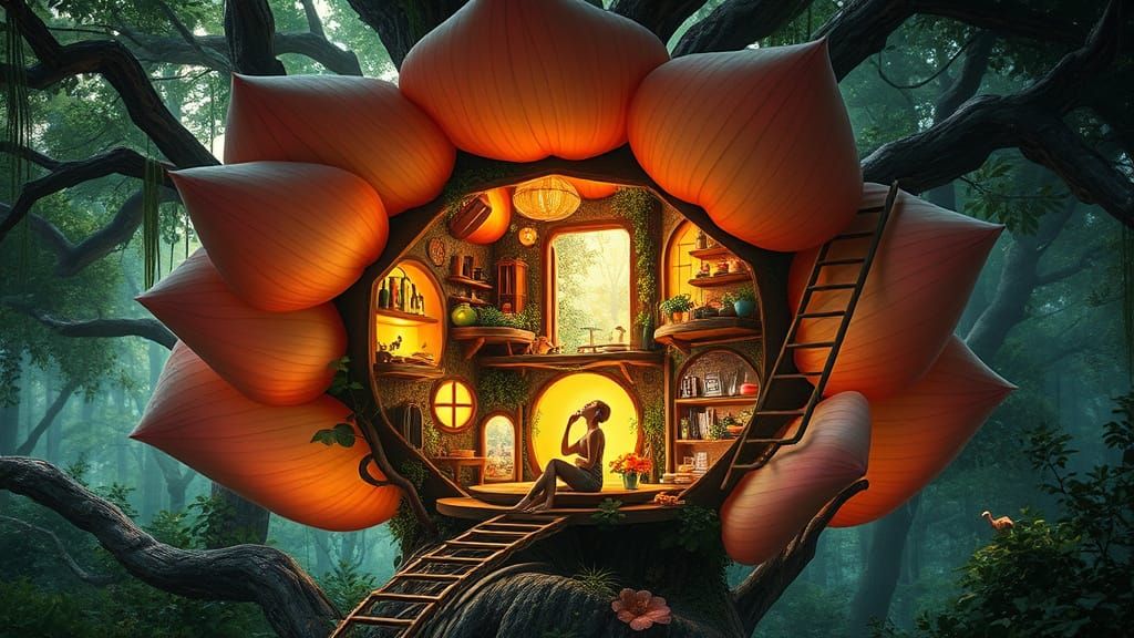 Dreamlike Treehouse Oasis in a Blooming Flower