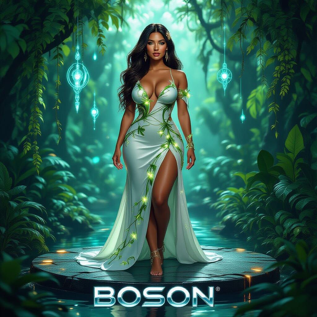 Latina Woman in Bioluminescent Gown in Futuristic Rainforest