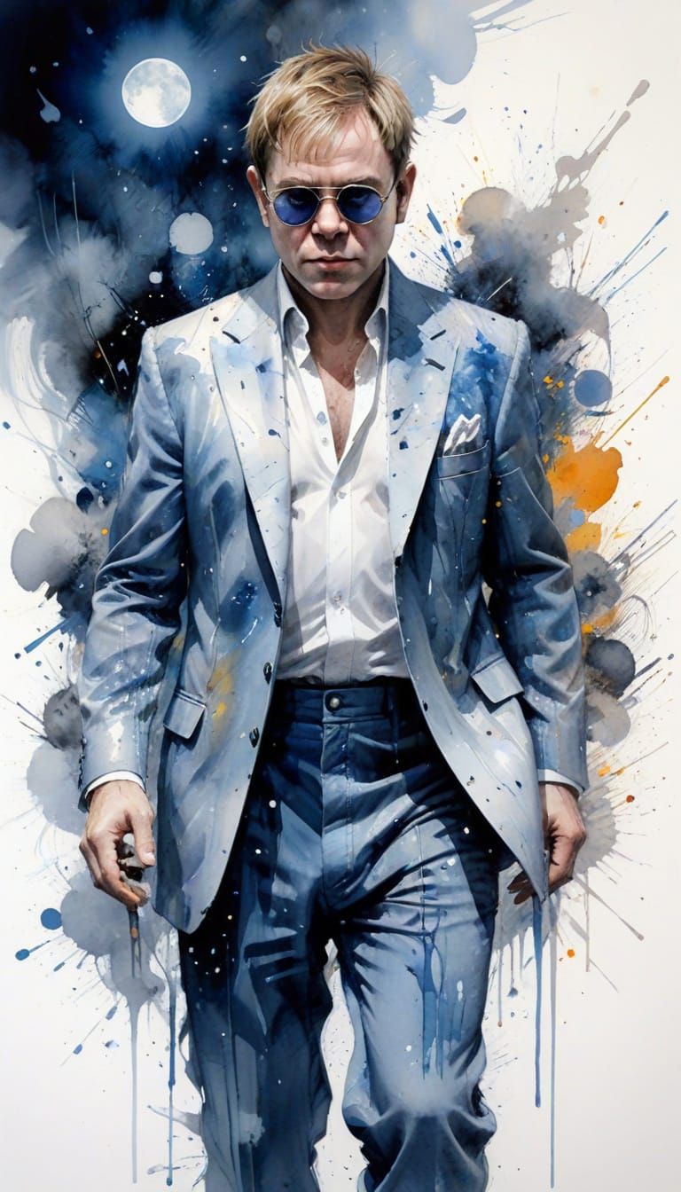 Elton John in Moonlight: Expressive Watercolor Portrait