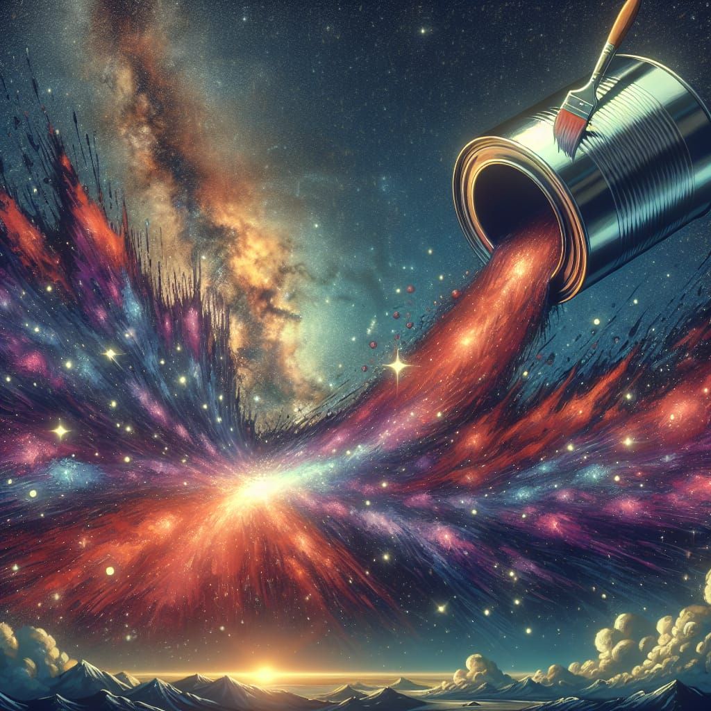 Galaxy with a can of paint laying on its side with stars flowing out like spilled paint