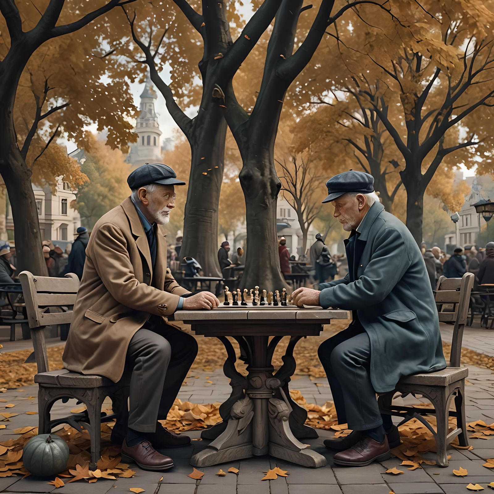 Men Play Chess on Autumn Day: Fantasy Concept Art