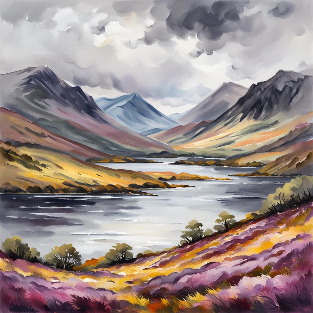 Highland Lochs in Impressionist Gouache Style