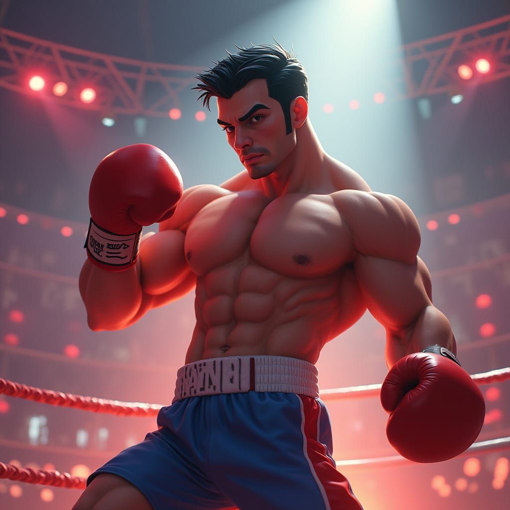 Muscular Boxer Punches in Futuristic Arena