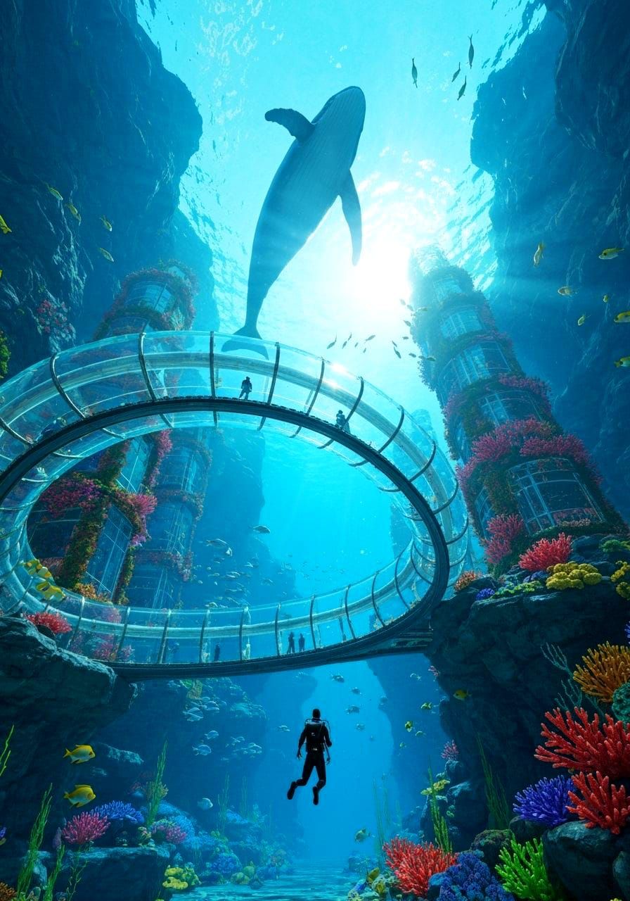 Underwater Canyon: Diver's View of Futuristic Glass Bridge