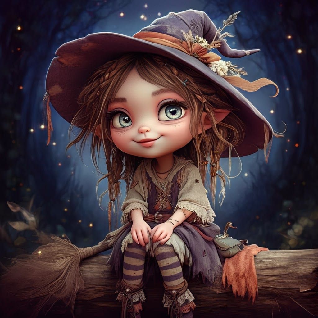 Whimsical Boho Witch in Mystical Forest, Digital Art