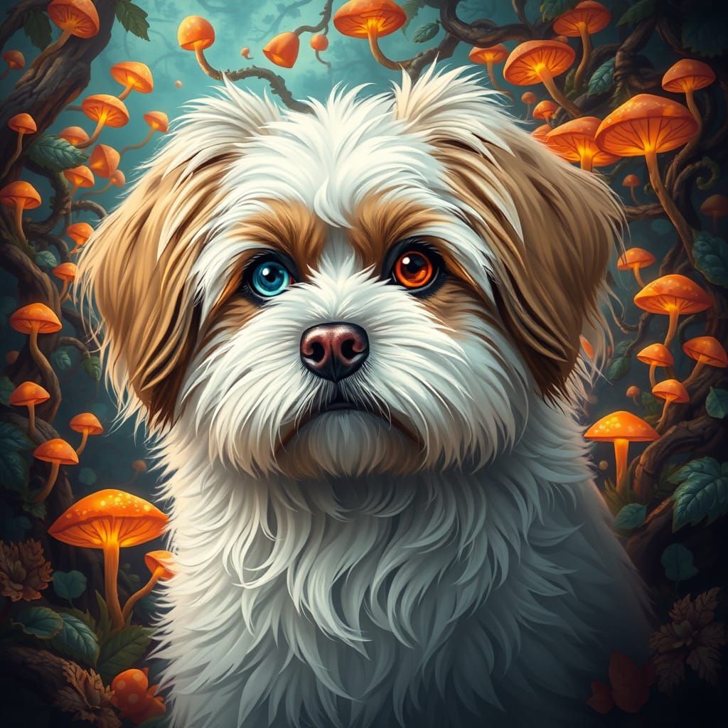 Majestic White and Tan Lhasa Apso in Fantasy Landscape