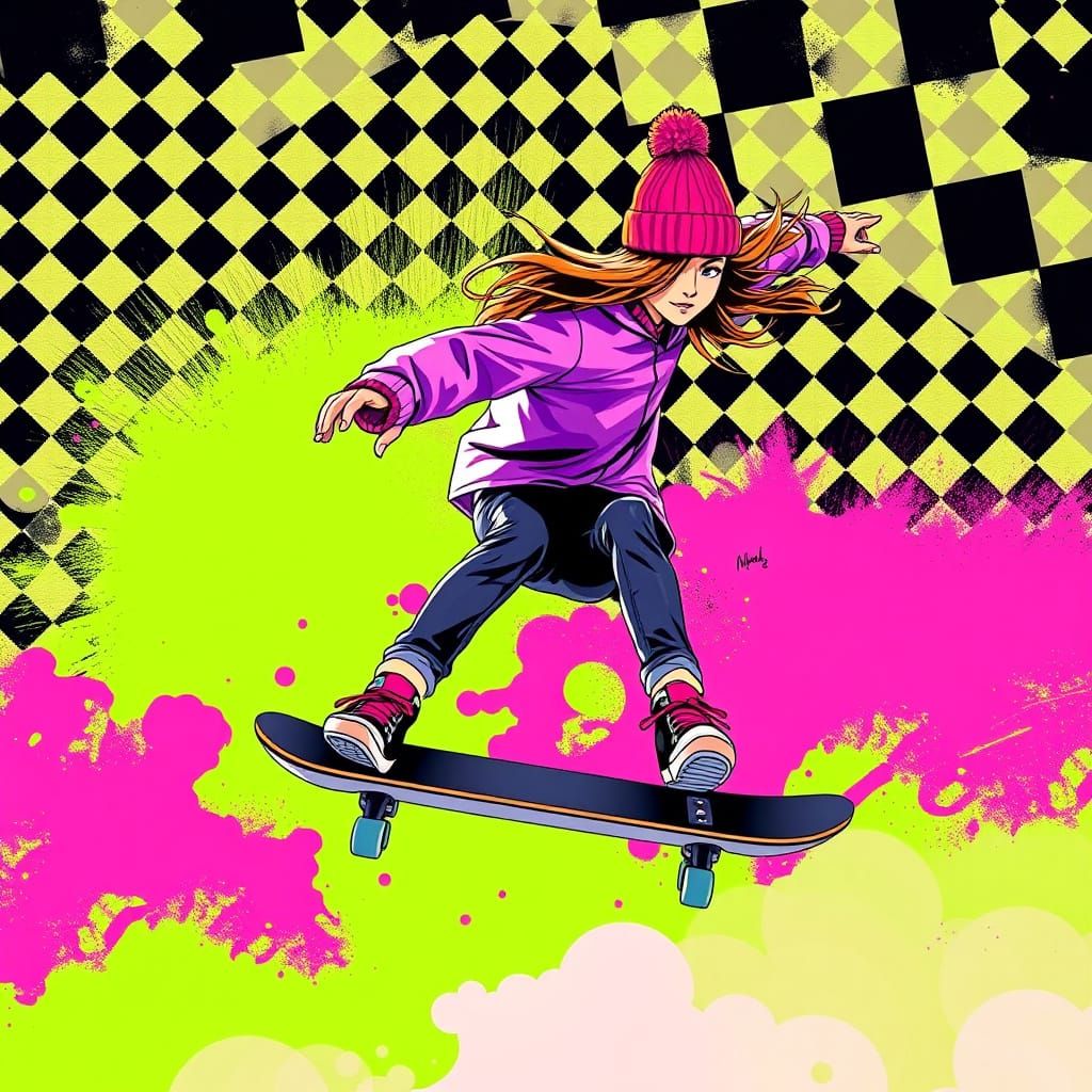 Female Skater Mid-Air in Pop Art Style